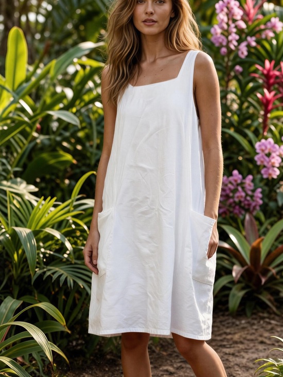 Eileen Fisher Dresses & Skirts - Eileen Fisher White Cotton Lined Midi Shift Dress Front Pockets Petite Large PL